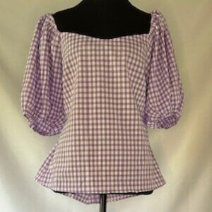 Boston Proper Purple Gingham Puff Sleeve Sweetheart Top